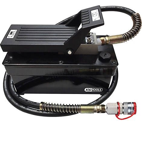 Schwarze Fußpumpe mit Griff und Schlauch. Auf dem Produkt steht "KS TOOLS".